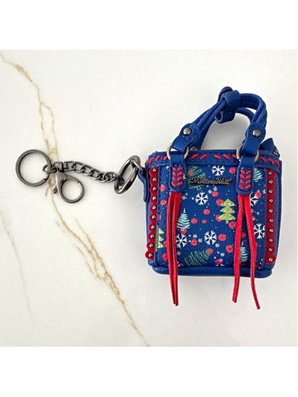 Montana West Mini Bag Keychain Blue Faux Leather, Detachable, Zipper Fringe Stud